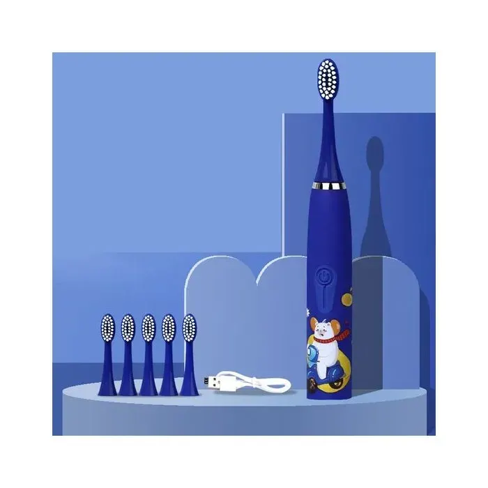 Brosse à dents électrique pour enfants，rechargeable par USB，poils souples，6 têtes - bleu foncé