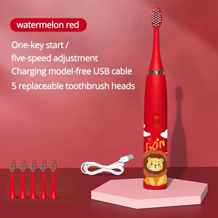 Brosse à dents électrique pour enfants rechargeable par USB poils souples 6 têtes - Rouge