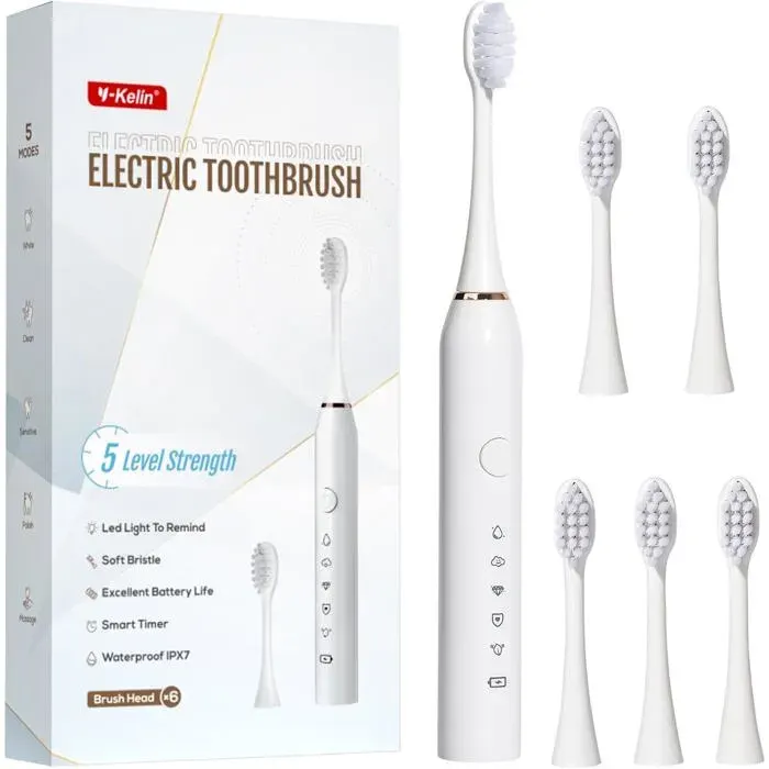 Brosse à dents électrique rechargeable avec 6 têtes de brosse à dents Dupontsavec minuterie intelligente de 2 minutes5 modes