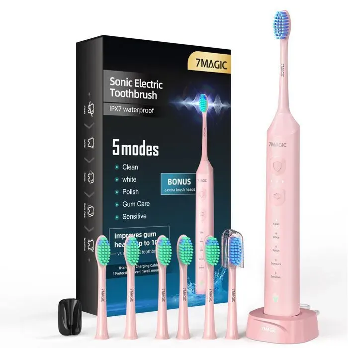 Brosse à dents électrique rechargeable sans fil 5 modes brosse à dents sonic - 3 intensités - Avec 6 têtes de rechange - Rose