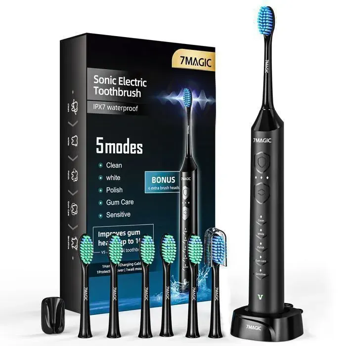 Brosse à dents électrique rechargeable sans fil 5 modes brosse à dents sonic - 3 intensités - Avec 6 têtes de rechange - Noir