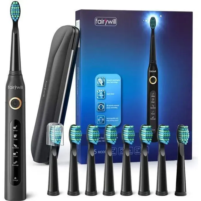 Brosse à dents electrique rechargeable sans fil pour adultes Etanche 5 Modes à choisir noir - Brosse à dents électrique Sonic