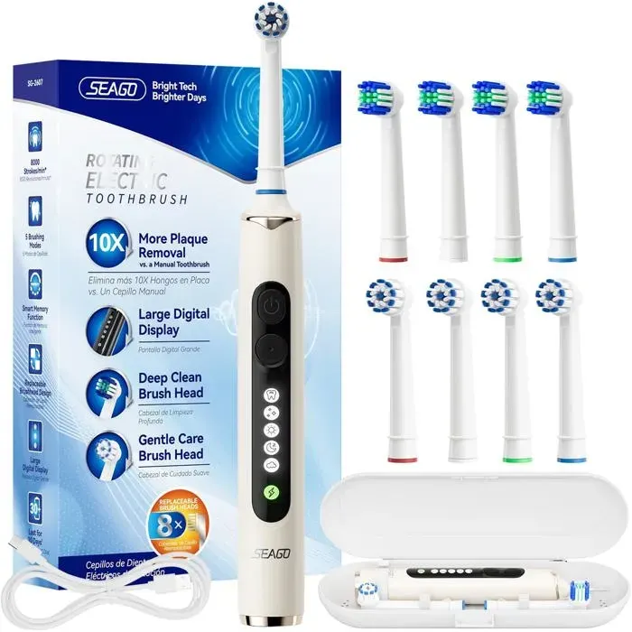 Brosse à dents électrique rotative rechargeablebrosse à dent électrique avec étui voyage8 têtes pour familial5 modesminuterie