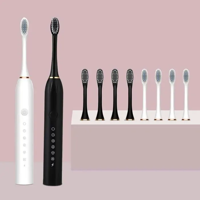 Brosse à dents électrique sonique 2 pièces blanc et noir 6 modes de brossage USB rechargeable nettoyage des dents