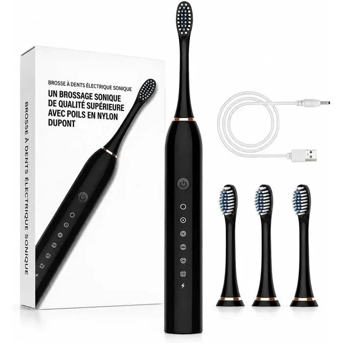 Brosse à dents électrique – Sonique 40000 vpm 6 modes IPX7 – Famille voyage autonomie 60j – Noir