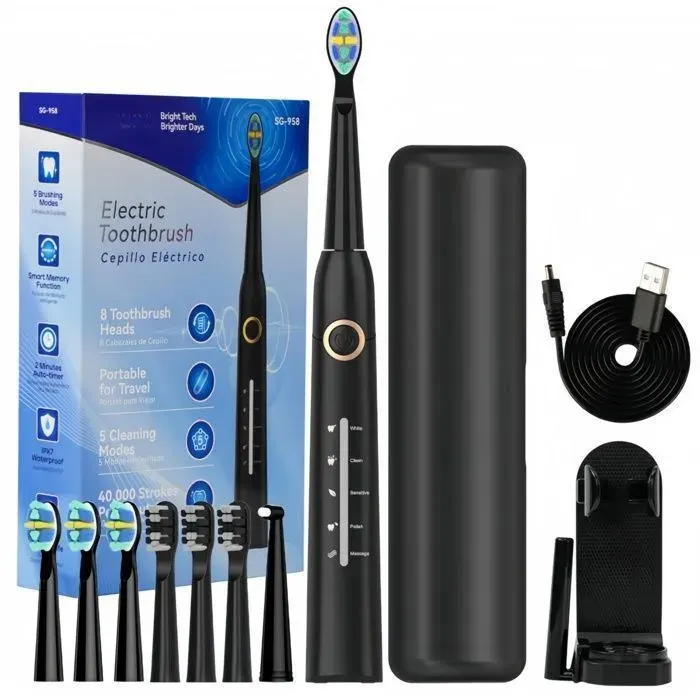 Brosse à dents électrique sonique adulte avec 8 têtes de brosse 5 modes étanche IPX7 brosse à dents électrique rechargeable noir