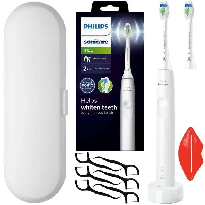 Brosse à dents électrique sonique - PHILIPS - Sonicare 4100 HX3681/33 - Blanc - 2 modes - Capteur pression - 2 têtes et étui