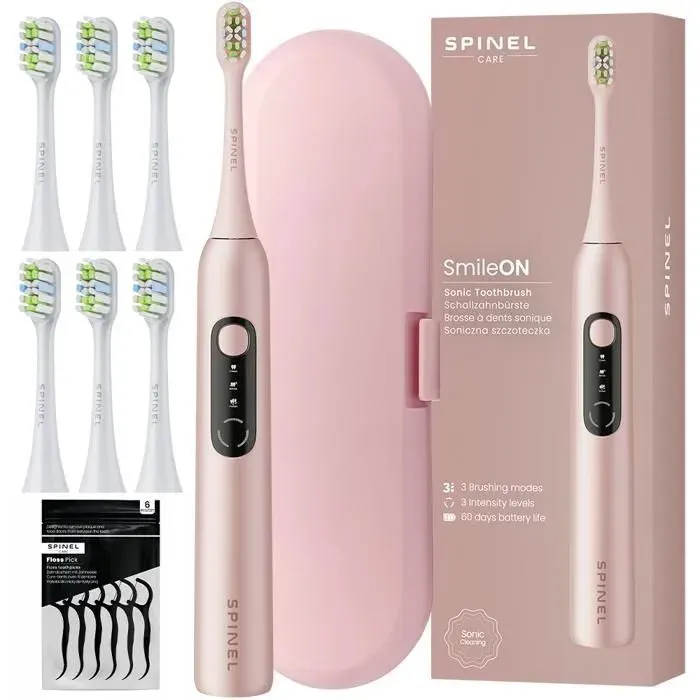 Brosse à dents électrique sonique - Spinel - SmileON - 3 modes 6 têtes USB-C étui voyage rose