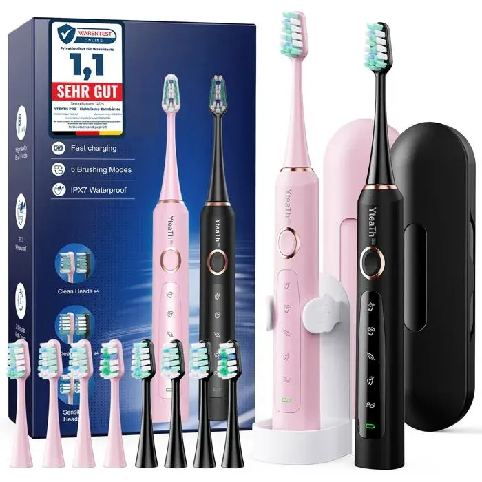 Brosse à dents électrique sonique - SUTEO - Lot de 2 - 10 têtes - Étui de voyage - 50 000 VPM