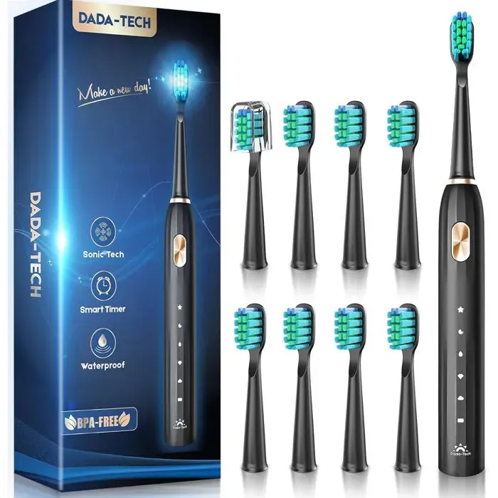 Brosse à Dents Électrique SoniquesBrosse a Dents Électrique pour Adultes et Enfants avec 5 ModesMinuterie Intégrée et 9 Têtes(Noir