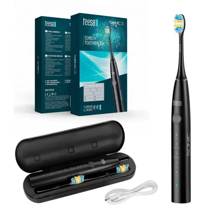 Brosse à dents électrique - TEESA - SONIC 2 - Noir - 5 modes - Étui de voyage - USB type C