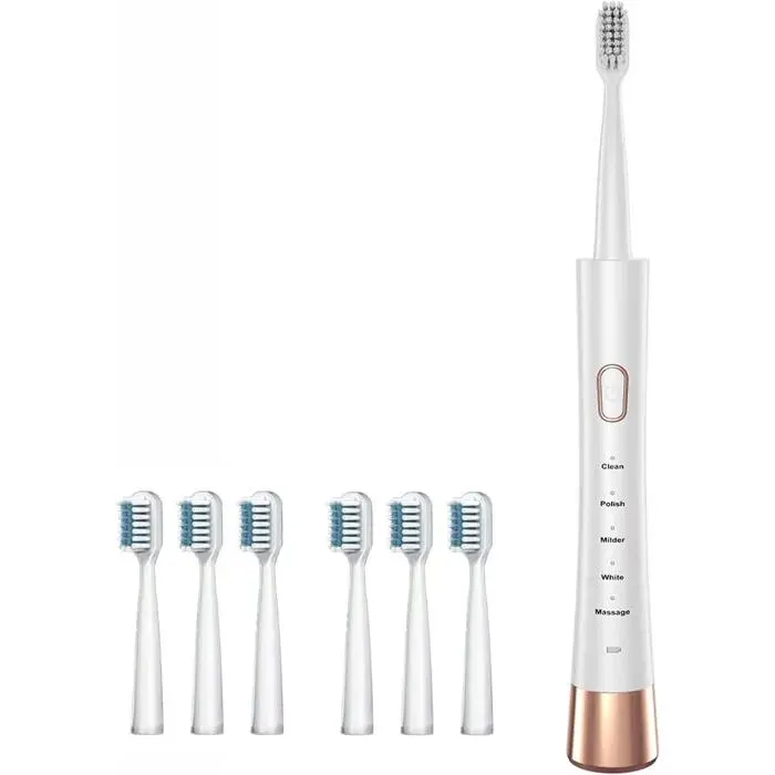 Brosse à dents électrique ultrasonique avec 6 têtes de brosse 5 modes batterie rechargeable étanche IPX7 corps incurvé