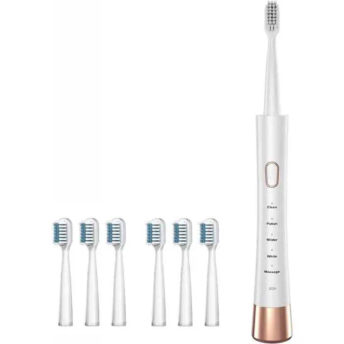 Brosse à dents électrique ultrasonique avec 6 têtes de brosse 5 modes de brossage et batterie rechargeable.
