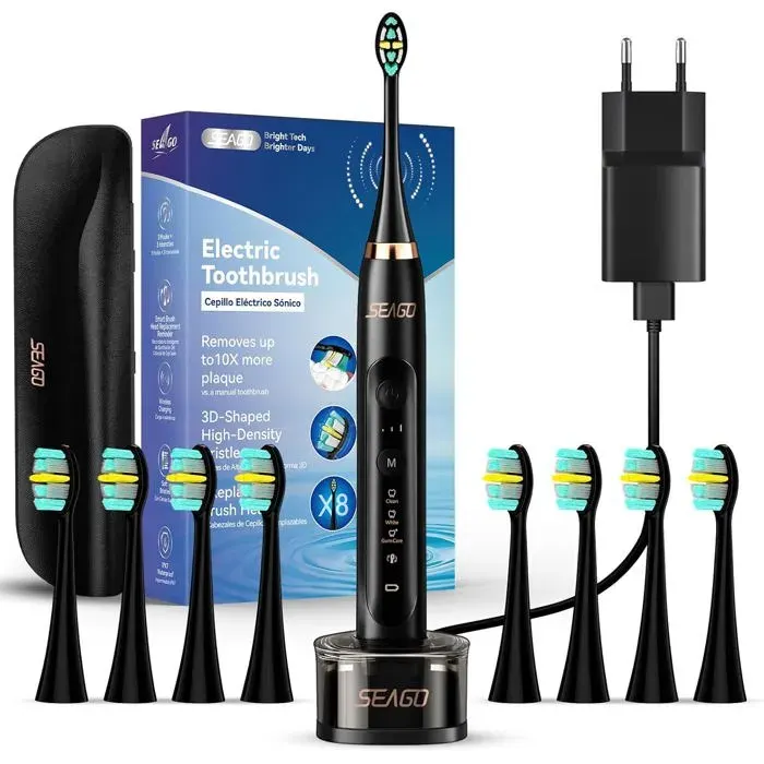 Brosse à dents électriqueavec station de charge sans filbrosses à dents à ultrasons et étui de voyageminuterie de 2 minutes(Noir)