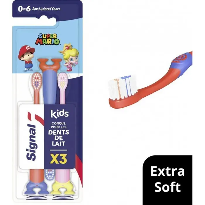 Brosse à Dents Enfants - SIGNAL - Mario Junior - Extra Souple - Pack de 3 - Bleu