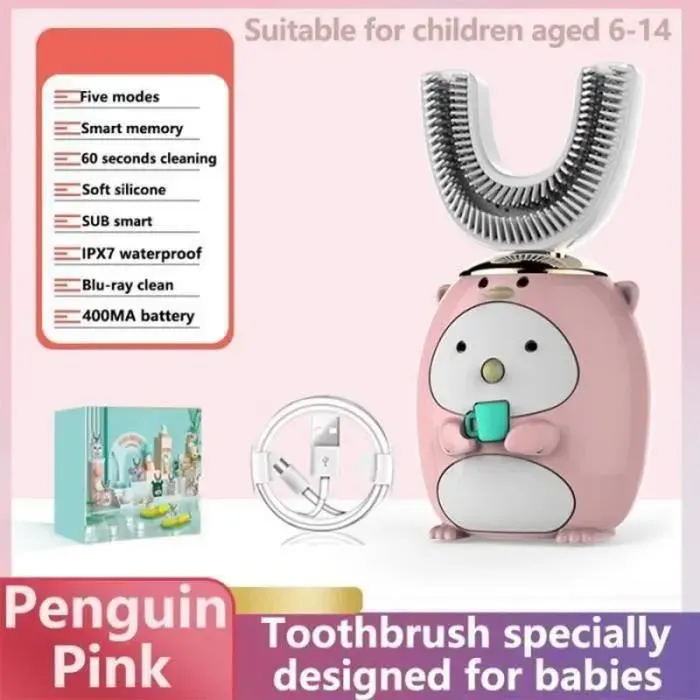 Brosse À Dents Enfants Ultrasons 5 Mode IPX7 étanche Brosse Auto U En Forme Pingouin Brosse À Dents Électrique-Rose- Âge 6-14 BB31
