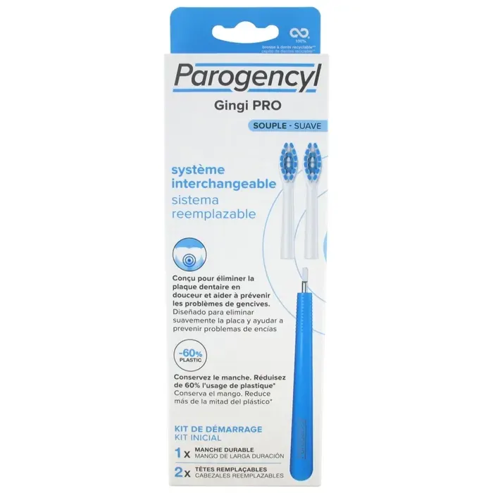 Brosse à Dents - PAROGENCYL - Gingi PRO Souple - 1 Manche Durable - 2 Têtes Remplaçables - Adulte