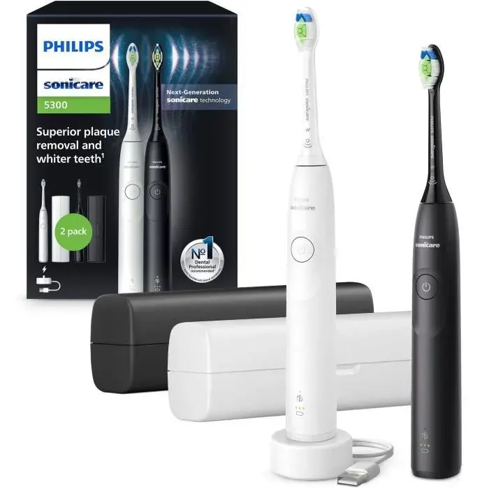 Brosse à dents - PHILIPS - HX7109/01 - Sonicare - Double manche Serie 5300 - Blanc & Noir - Eléctrique