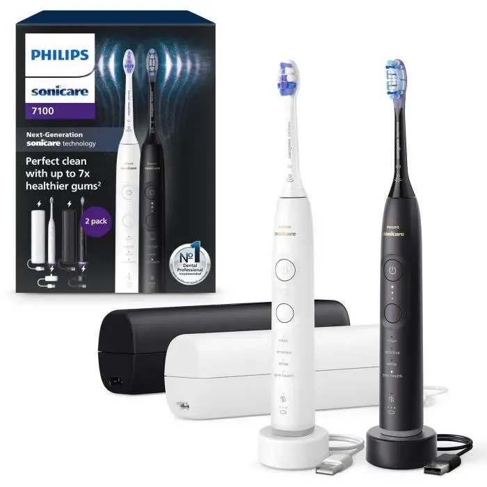 Brosse à dents - PHILIPS - HX7429/02 - Sonicare - Double manche Serie 7100 - Blanc & Noir - Eléctrique