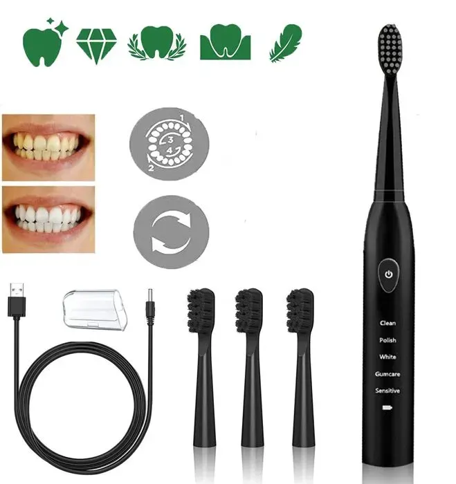 Brosse à dents sonique Brosse à dents électrique Brosse à dents sonique rechargeable 5 modes Têtes de brosse : 4 pièces 1 x bro