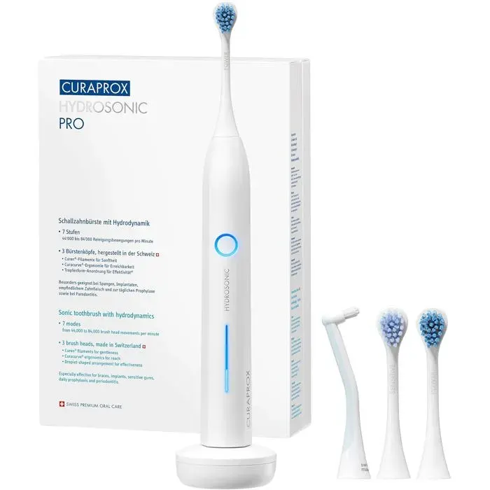 Brosse À Dents Sonique - CURAPROX - Hydrosonic Pro - Dents Sensibles - 3 Têtes Incluses - Rechargeable