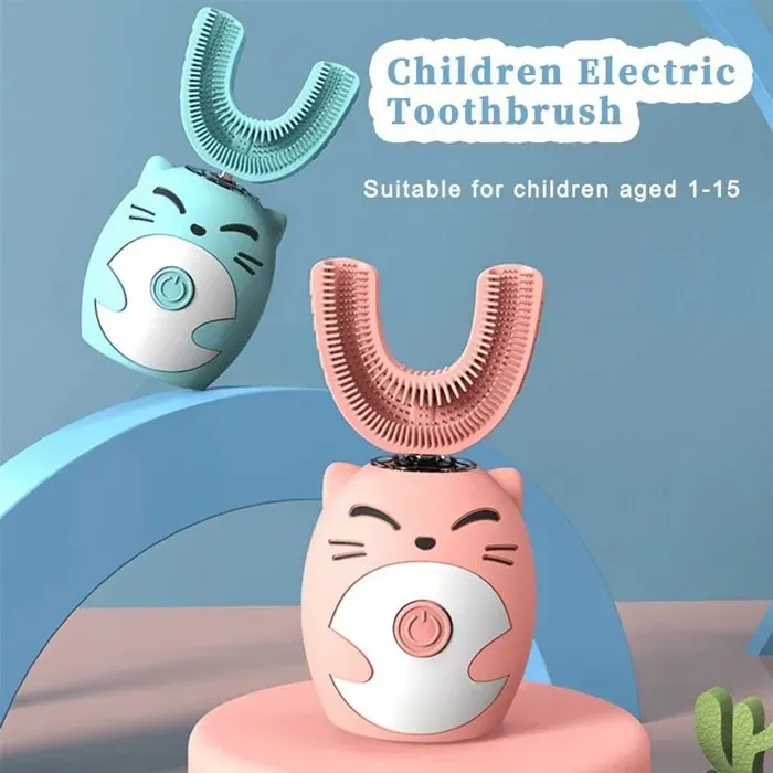 Brosse à dents sonique pour enfants étanche IPX7 en forme de U rechargeable - Rose - 2-7 ans