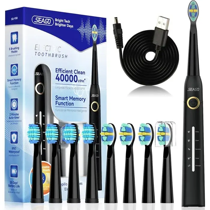 brosse à dents sonique rechargeable5 modes8 têtesminuterie 2 min40000 VPMUSB-Cautonomie 30 joursétanche IPX7 (Noir)