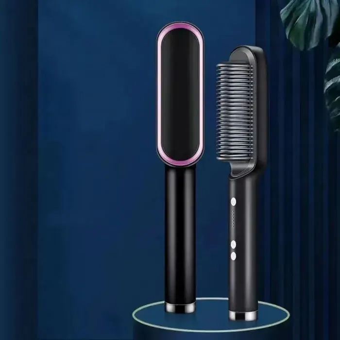 Brosse à lisser électrique pour femmesèche-cheveux en une étapefer plat en céramiquepeigne à lisser et à friser3 en 1-EU-noir