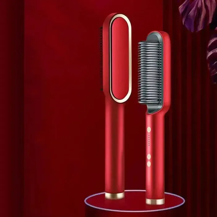 Brosse à lisser électrique pour femmesèche-cheveux en une étapefer plat en céramiquepeigne à lisser et à friser3 en 1-EU-Rouge