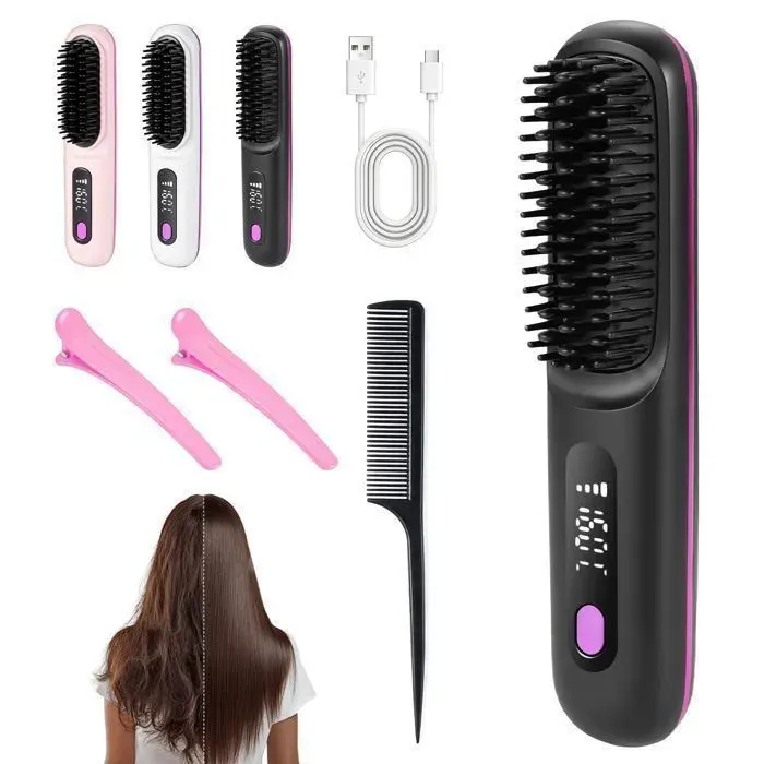 Brosse Chauffante - Brosse Lissante Sans Fil -200 Millions Dions Négatifs Anti -BrûLure avec 3 Températures Réglables -Rechargeable
