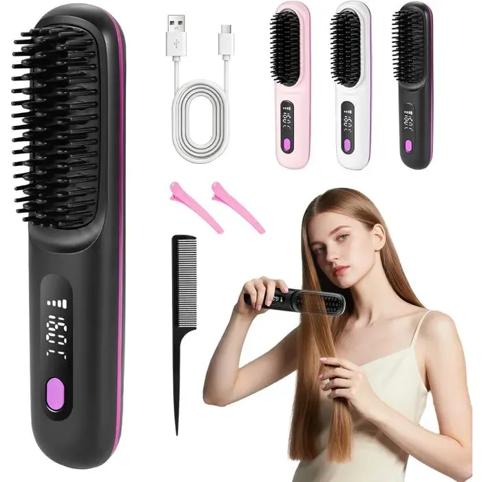 Brosse Chauffante Céramique Brosse Coiffante Cheveux Courts Mini Brosse Lissante Chauffante Anti-Brûlure Chauffante Cheveux Cour