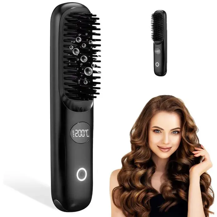 Brosse Chauffante Cheveux Court Sans Fil Mini Brosse Lissante Portable avec 3 Températures Réglables Peigne Chauffant Ionique Anti
