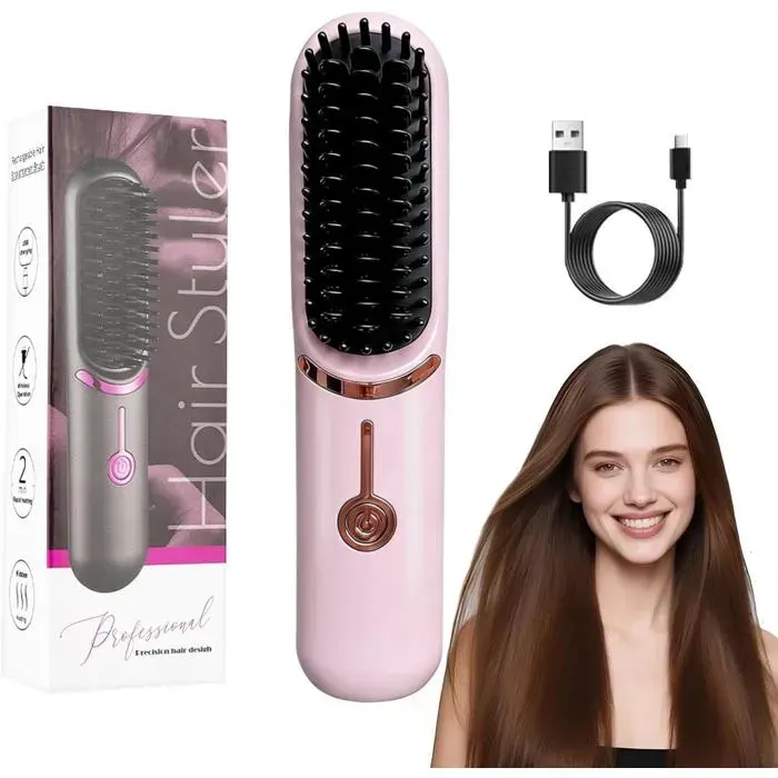 Brosse chauffante lissante céramique ionique 3 niveaux température adapté aux cheveux frisés et crépus (Rose)