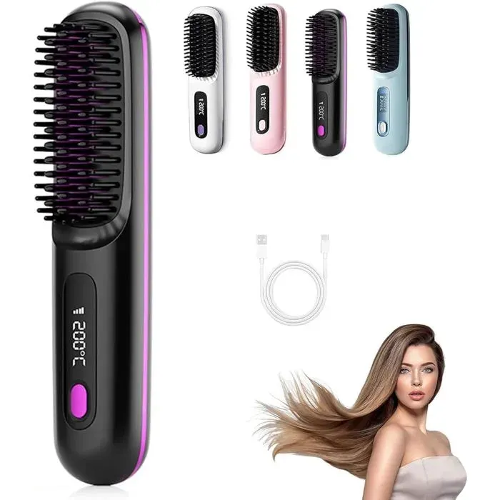 Brosse chauffante lissante pour cheveux courts – Noir – 3 niveaux de chauffage écran LED rechargeable USB – Légère et portable