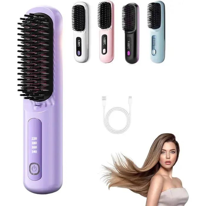 Brosse chauffante lissante pour cheveux courts – Violet – 3 niveaux de chauffage écran LED rechargeable USB – Légère et portable