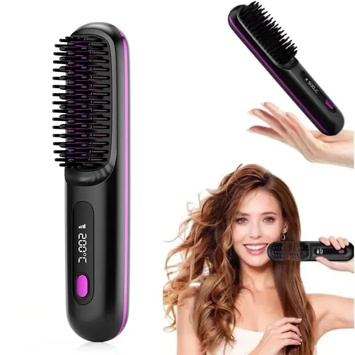 Brosse chauffante pour cheveux courts Brosse à lisser 3 niveaux de chauffage et écran LED et rechargeable via USB Portable r BROSSE