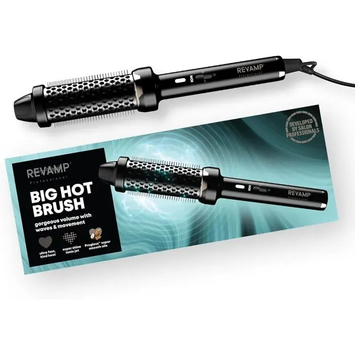 Brosse chauffante - REVAMP - Progloss Big Hot Brush - Barillet céramique infusé huiles - 2 réglages 180°C - Ionic Jet cordon 3 m