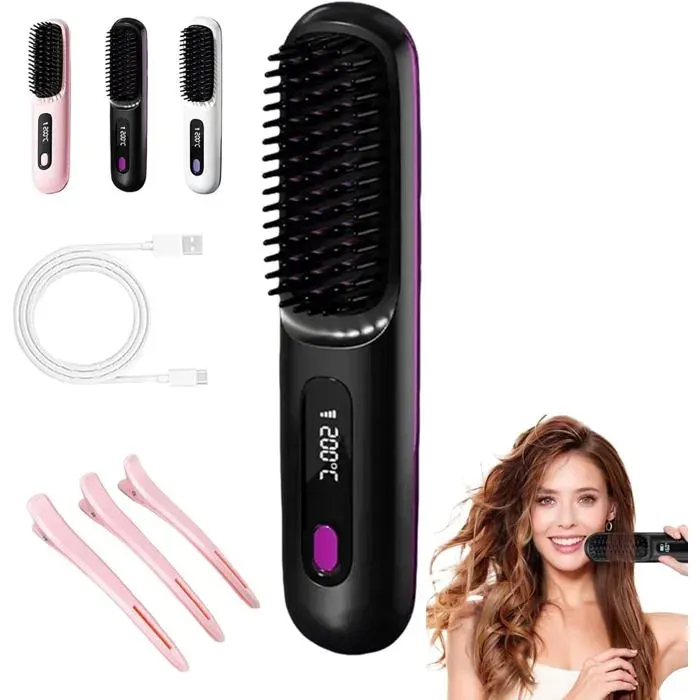 Brosse Chauffante Sans Fil Brosse Lissante Portable Sans Fil 3 Températures Ajustables 20s Chauffage Rapide(Noir)