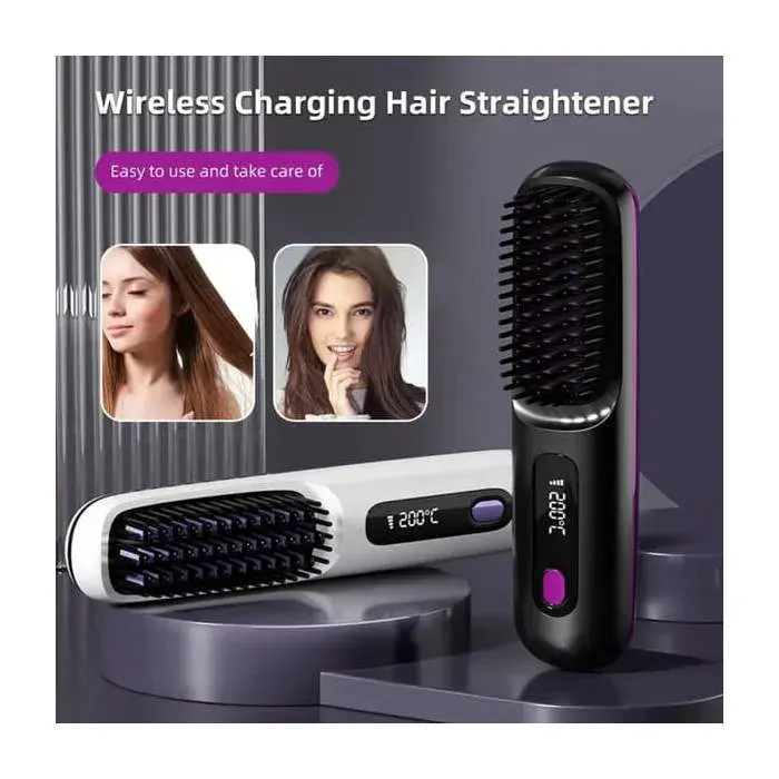 Brosse chauffante sans fil / Brosse plate – Brosse électrique en céramique avec port USB écran LCD et fonction ionique