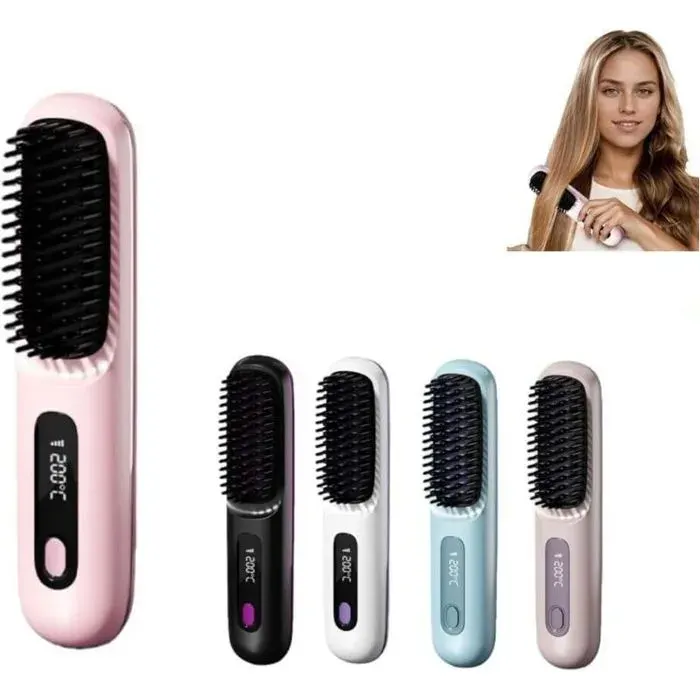 Brosse Coiffeuse Lissante - Sans fil rechargeable 3 températures avec écran LED - Coiffage rapide maison bureau voyage - Rose