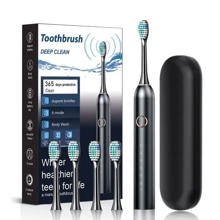 Brosse dents lectrique pour adultes brosse dents sonique poils souples 6 vitesses pour blanchir noire 4 ttes de