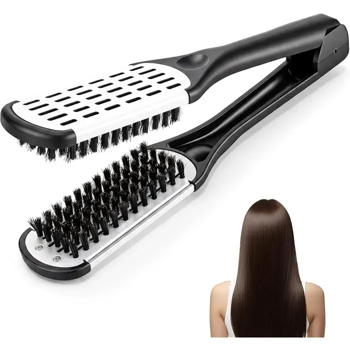 Brosse lissante 2 en 1 poils sanglier peigne intégré anti-statique manche ergonomique brushing facilité noire