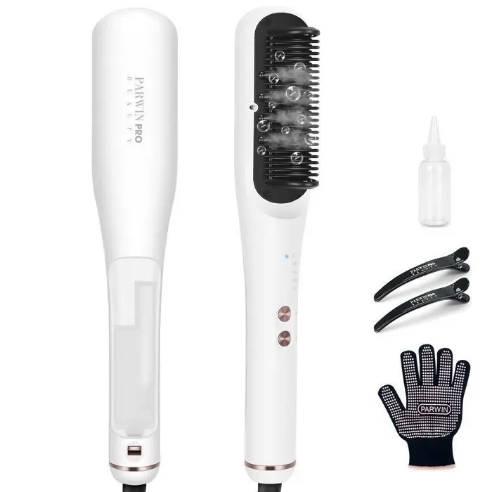Brosse Lissante à Vapeur Pro PARWIN PRO BEAUTY Affichage LED Ions & Vapeur pour Soin Double 4 Réglages de Température – Blanc