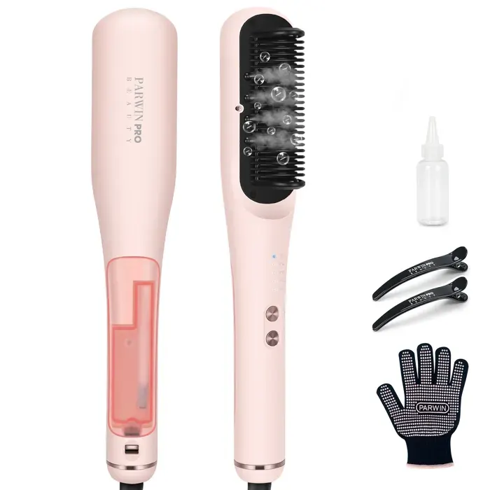 Brosse Lissante à Vapeur Pro PARWIN PRO BEAUTY Affichage LED Ions & Vapeur pour Soin Double 4 Réglages de Température – Rose