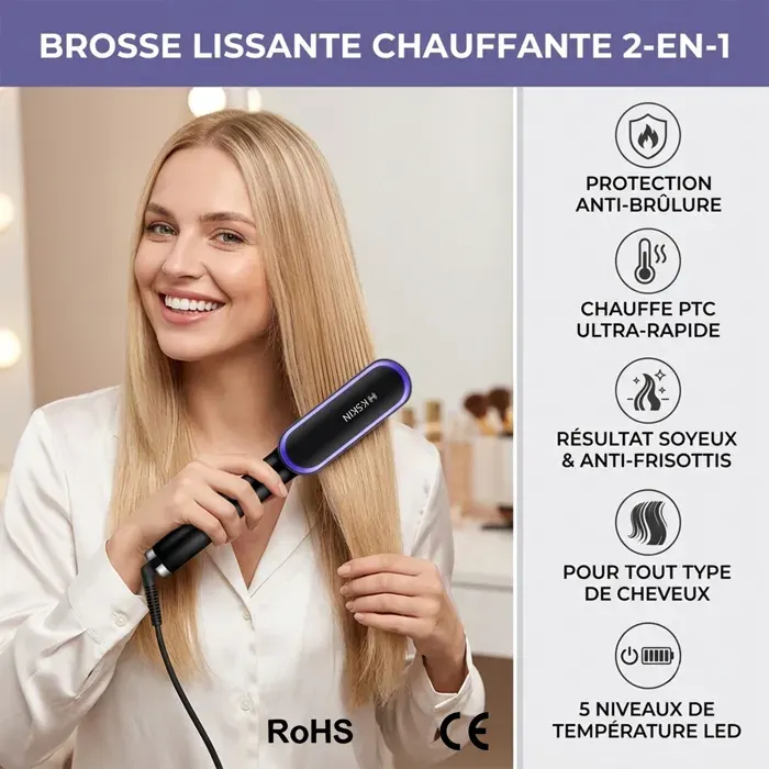 Brosse Lissante Chauffante 2 en 1 - PTC Chauffe 30s 5 Températures - Anti-Brûlure 3D Cordon 360° - K.SKIN