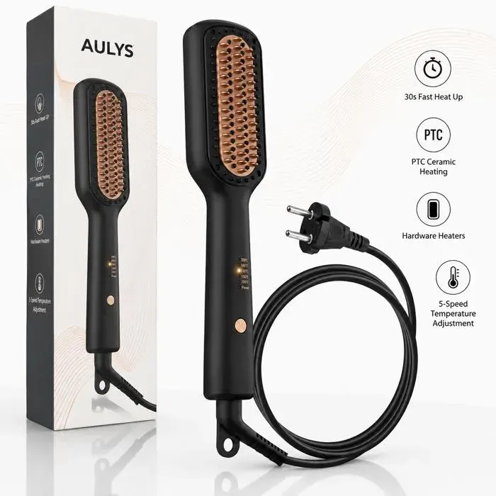 Brosse lissante chauffante - AULYS - Modèle AULYS - Chauffage PTC céramique - 5 températures 120-200°C - Anti-brûlure — coloris Noire
