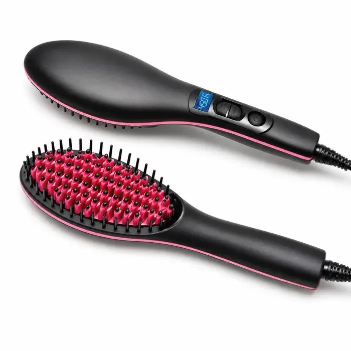 Brosse lissante chauffante LINGCC DHH écran LED température réglable 130 à 230 °C dents céramique noir rose