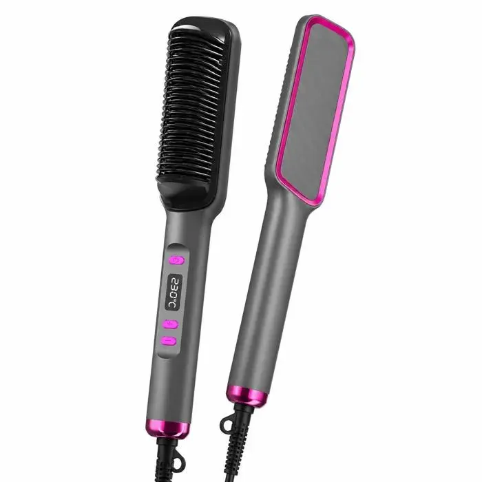 Brosse lissante chauffante LINGCC DHH PTC 80-230°C 30 niveaux écran LED chauffe 30 s arrêt auto gris rose