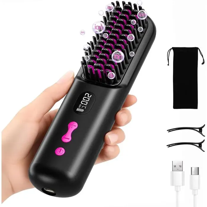 Brosse Lissante Chauffante Sans Fil 9600mAh à Ions Négatifs Rechargeable USB Portable pour Cheveux Courts Idéale Voyages Femmes Homm