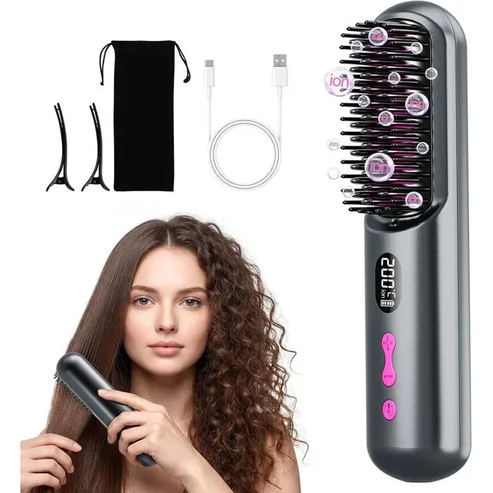 Brosse lissante chauffante sans fil à ions négatifs - Batterie 9600 mAh rechargeable USB - Gris portable voyages hommes femmes